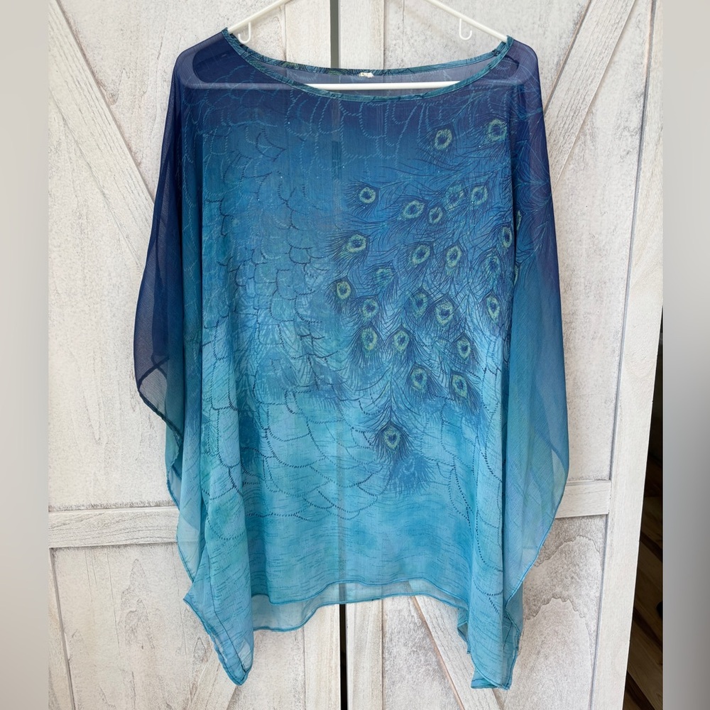 Silky Peacock Print Tunic Top Cover Up Rhinestones Sheer